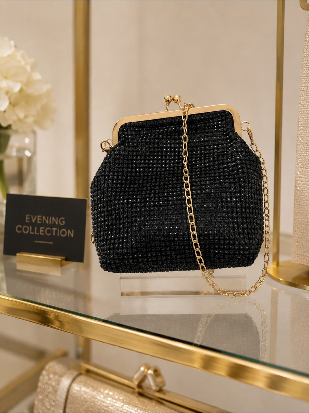 Sparkly Black Formal Evening Clutch Wedding Prom Gold Chain Purse w Cosmetic